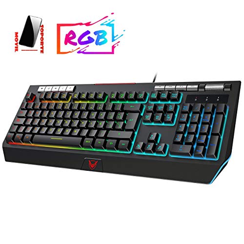 PICTEK Teclado Gaming RGB con Soporte para Teléfono Móvil, Rueda de Volumen, Teclado USB con 21 Botones Multimedia, Ergonómico / Conveniente / Resistente al Agua para MAC / PC - Negro