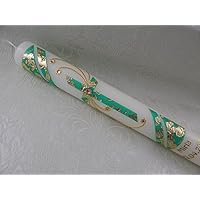 Kommunionkerze Kreuz grün gold handverziert Taufkerzen Kommunionkerzen Junge Mädchen 40x4 cm mit Name und Datum