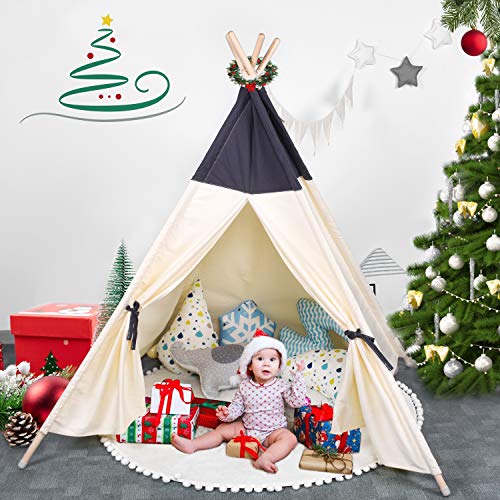 besrey Tente Tipi pour Enfant, Tipi Chambre Indienne Pliable, Jouet, Garçons et Filles, à L'intérieur et à L'extérieur - Beige et Bleu Foncé