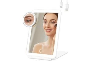 RANTIZON Ultra Clear Rechargeable Travel Mirror with 10x Magnification & 49 LEDs, Portable Vanity Mirror with 3 Color Lights and 300° Rotation 7.5-Inch Large Vanity Mirror, Gift for Women & Girls (White)