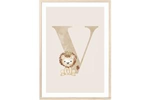MeinBaby123® Poster con lettere, formato DIN A4, per cameretta dei bambini, decorazione per la cameretta dei bambini, immagini per la cameretta dei bambini, poster con lettera iniziale V (leone,V)