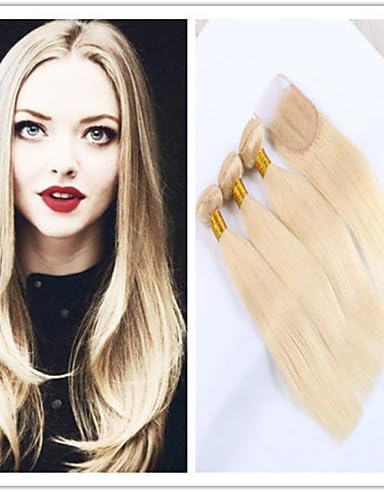 JFF/ 4Pcs/Lot Brazilian Weave Bundles Unprocessed #613 Blonde Virgin Straight Human Hair Extensions With Top Lace Closure , 26 28 30 & 24-middle part
