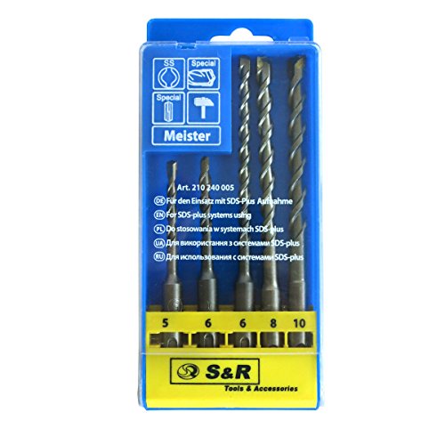 S&R Hammerbohrer SDS-Bohrer-Set, Betonbohrer SDS Plus 5-tlg : 5, 6 x 110 mm; 6, 8, 10 x 160 mm in Kunststoffbox für Beton,Granit, Stein.Bohrer für Bohrhammer und Schlag-Bohrmaschine. - 3