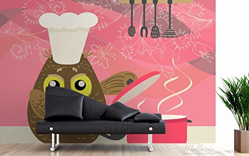 Premium XXL Vliestapete Lustige Eule beim Kochen mit Kochmütze – Größe: 400 x 267 cm - 2