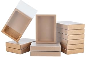BENECREAT 16 Pcs Boîte à Tiroirs Cadeau Kraft avec Couvercle en Plastique Translucide Boîte à Tiroirs Cadeaux avec Fenêtre Givrée en PVC pour Boîte-Cadeau Mariage, Emballage Bijoux 13.8x9.7x2.5 cm