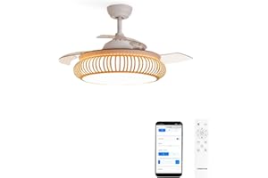 CREATE / WIND CLEAR/Ventilador de techo con luz blanco y mimbre óvalo con mando y Wifi / 40W, Ø108 cm, temporizador, 6 velocidades, aspas retráctiles, 3 temperaturas de luz, función verano-invierno.