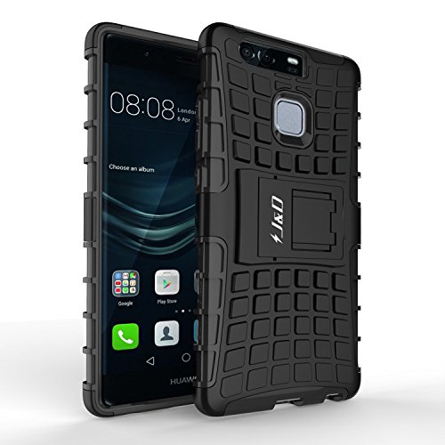 J&D Custodia Huawei P9, [Cavalletto] [Protezione Robusta] [Doppio Strato] Sottile Adatta Ibrida Antiurta Protettiva Custodia per Huawei P9 - Nero