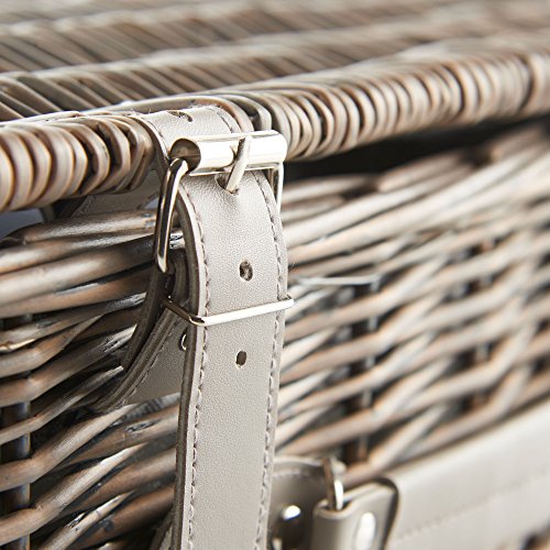 VonShef Deluxe 4 Personen Traditioneller Weidenkorb Picknickkorb mit Besteck, Tellern, Gläsern, Geschirr & Vliesdecke – Grauer Gingham - 5