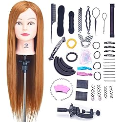 Cabeza de Maniquí, SIGHTLING 26" 50% Cabello Humano Real Practicas Formación Muñeca de la Cosmetología práctica maniquí para Peluquería con Soporte + Accesorios de Peinado DIY