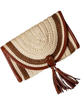 YoungSoul Damen Strohtasche Clutch Sommer Gestreift Strandtasche Kleine Umhängetasche mit Quasten