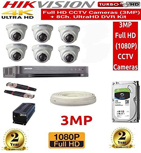 HIKVISION Full HD 3MP Cameras Combo KIT 8CH HD DVR + 6 Dome Cameras+1TB Hard DISC+ Wire ROLL +Supply & All Required CONNECTORS