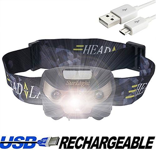 USB Rechargeable Headlamp Flashlight, SurLight Waterproof 5W Cree LED Camp Lamp with White &amp; Red Lights for Reading Running Camping Hiking Fishing Hunting Climbing Walking Jogging Indoor Outdoor