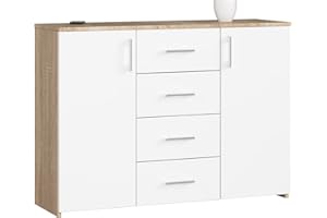 ‎AKORD AKORD Kommode K45 mit 4 Schubladen und 2 Ablagefächern mit Türen | für das Wohnzimmer Schlafzimmer Schrank Büro Arbeitszimmer | B110 x H80 x T35 cm, Gewicht 43kg | Sonoma Eiche/Weiß