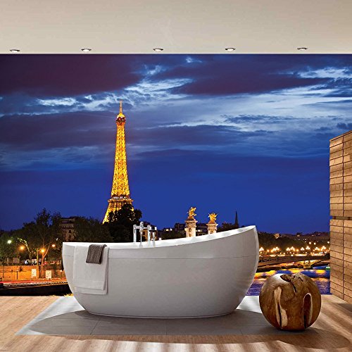 Vlies Fototapete PREMIUM PLUS Wand Foto Tapete Wand Bild Vliestapete – Paris Eiffelturm Fluss Nacht Lightning Skyline Stadt Panorama – no. 983, Größe: 200 x 140 cm Vlies - 7