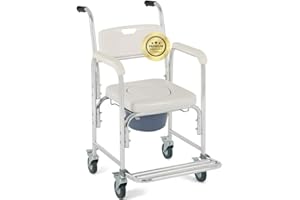 OrtoPrime Sedia da Doccia con Ruote e Piedini Pieghevoli - 3 in 1 - Sedia con WC Integrato e Bidet - Portatile per Anziani - Geriatrica