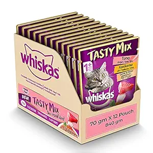 Whiskas Adult (1+ Year) Tasty Mix Wet Cat Food Made with Real Fish, Tuna with Kanikama and Carrot in Gravy - Pack of 12