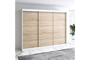 A&J MöbelLand Mero Schwebetürenschrank 200 cm, Kleiderschrank 3-türig mit 4 Schubladen (Weiß/Sonoma)
