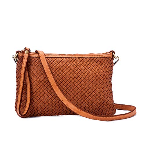 Ira del Valle, Borsa Clutch Vintage Intrecciata Donna e Ragazza, Pochette da Polso Morbida e Capiente in Vera Pelle, Borsetta a Mano e Spalla con Tracolla, Modello Avana, Made in Italy (Cognac)