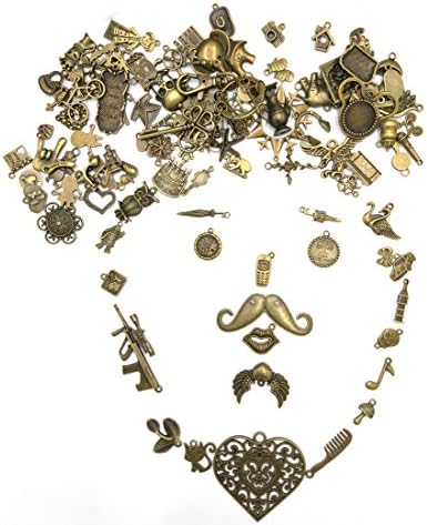 Amupper100pcs Antique Bronze Charms Set with 1pcs Key Chain - Handmade Decoration Vintage Key Accessories Necklace Pendants Jewelry Wedding Favor Making Craft,Pack of 101