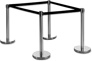 Juego de 4 soportes de cinturón FLEXIBARRIER (acabado plateado) con cinturón retráctil de 2 m, Ecoline, cinturón negro de 2 m, poste de barrera, barreras de control de multitud..