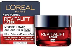 ‎L'OREAL PARIS L'Oréal Paris Anti-Aging Tagescreme mit Dreichfachpower für Frauen, mit Pro-Retinol, Hyaluronsäure und Vitamin C – gegen Falten, straffende Feuchtigkeitspflege, Revitalift Laser 1 x 50ml