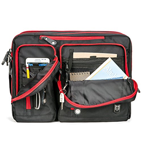 Laptop Rucksack, Evecase 17.3 Zoll Universal 3-Way Rucksack / Umhängetasche mit Laptopfach, Akteneinteilung, Zubehörfächer, Verdeckbare Gurte, Gepäckschloss – Schwarz / Rot - 8