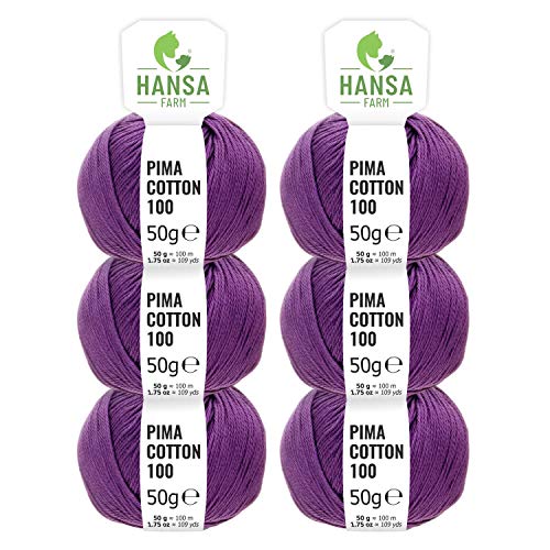 HANSA-FARM 100% Cotone (Pima Cotone) Dk in 12 Colori - 300g Filati (6 x 50g) - Lana Morbida per Maglieria e Crochet - Lana a Maglia Lilla