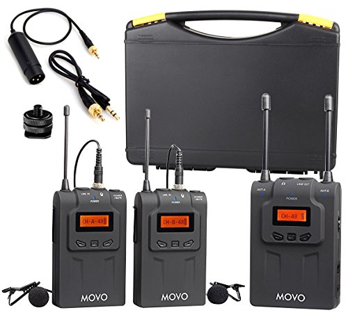 Preisvergleich Produktbild Movo WMIC80 UHF Kabelloses Lavalier Mikrofonsystem mit 2 Bodypack Transmittern, Tragbarem Receiver, 2 Lav Mics & Schuhhalter für DSLR Kameras (100m Reichweite)