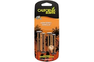 California Scents Ambientador de Coche en Bastones de Ventilación - Fragancia Duradera de Vainilla Monterey - 4 Unidades con Ajuste Personalizable del Aroma, Ideal para Cualquier Vehículo