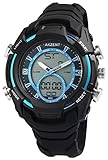 Herrenuhr Analog Digital Armbanduhr Schwarz Blau + Box Quarz Silikon Chronograph Sport Alarm Licht Stoppuhr Datum AnaDigi