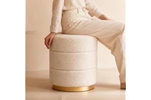 ‎ZEDELMAIER Zedelmaier Sitzhocker aus Teddy Stoff, Polsterhocker rund für Schminktisch, Fußhocker mit Sitzkissen, Pouf, Ottoman, für Wohnzimmer, Schlafzimmer & Flur, φ38x45 Beige