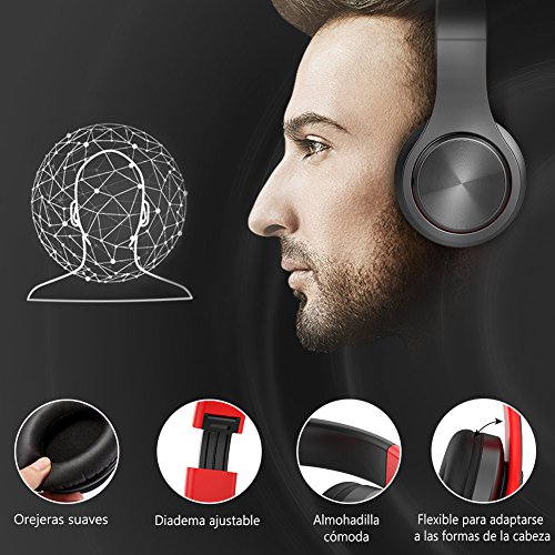 Cascos Bluetooth Inal  mbrico Est  reo de Alta Fidelidad Auriculares de Diadema Cerrados con Micr  fono  Manos Libres y Cable de Audio Orejeras Suaves para iPad  iPhone  M  viles Android  Ordenador  Tablet PC  Rojonegro 