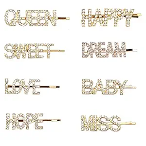 AL ZAHRA 8 pieces Rhinestone Letter Bobby Pin, Word Crystal Hair pin, Metal Hair Clips, Sparkly Hair for Women Ladies (QUEEN | SWEET | LOVE | HOPE | HAPPY | DREAM | BABY | MISS)