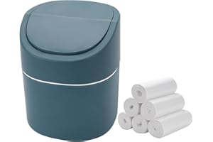 Ronyes Mini Desktop Trash Can with Swing Lid with Trash Bag 180 Pcs, 2 Litres Swing-Top Small Countertop Garbage Bin Tiny Table Top Plastic Covered Waste Basket Can (Blue)