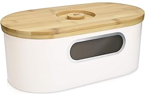 Navaris Panera con Tapa de bambú - Recipiente para Guardar Pan - Contenedor Original de Acero - Caja Alargada con Tabla de Cortar - Blanco Marfil