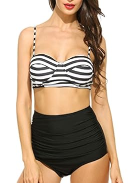 ZEARO Damen Bademode Bikini Gestreift Swimsuit - High Waisted - Bauchweg Sexy Badeanzug