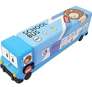 KRH store Multicolour Cartoon Printed School Bus Matal Pencil Box with Moving Tyres and Sharpner for Kids (Blue)
