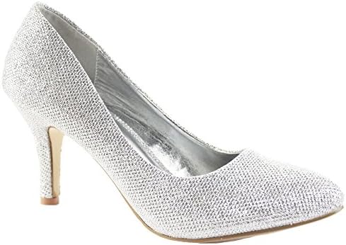 Silver Shimmer Size 4 - Ladies Womens Work Casual Office Smart Low Mid High Kitten Stiletto Heels Pointed Toe Bridal Court Bridesmaid Shoes Pumps
