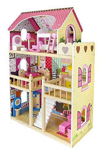 TikTakToo XL Puppenhaus aus Holz, 90 cm hoch, mit Möbeln komplett, ohne Puppen, Puppenhaus für Puppen bis maximal 29 cm