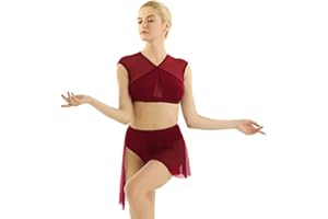 ‎AGOKY Agoky Damen Ballett Trikot Spitzen Body Sport Crop Top mit asymmetrischem Tanz Rock Dance Slip Ballettkleid ärmellos Ballettanzug Tanzkleid gr.XS-XL