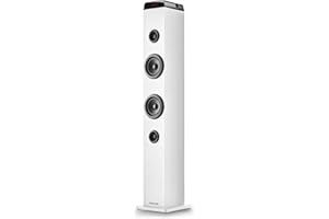 NGS Sky Charm Pro White - Tour de Son 50 W avec Bluetooth 5.4, Entrée Optique, USB, Entrée auxiliaire, Radio FM, Fonction de Diffusion, Entrée Microphone Karaoké, Télécommande, Blanche