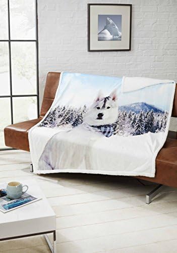 Throws Unique Winter Husky Snow Trees Soft Sherpa Fleece Throw Blanket, Multi-Colour, 130 x 160 cm