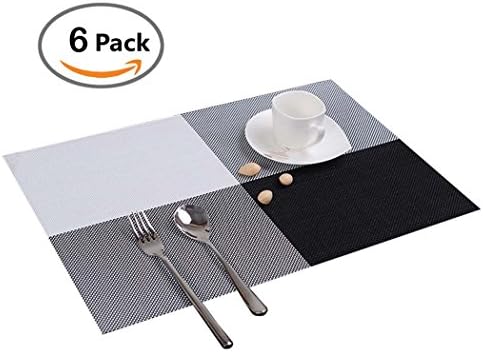 PHOEWON Table Mats Set of 6 Stylish Rectangle Placemats PVC Heat Resistant Mat Washable Dining Table Place Mats, 30x45CM (Black)