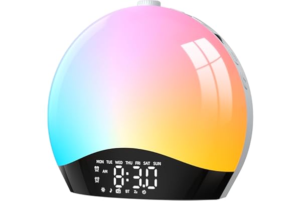 LIORQUE Despertador Luz Natural, Despertador Luz Amanecer Simulación de Amanecer y Atardecer con Radio, 9 Colores de Iluminación Dinámicos y 20 Niveles Brillo, 2 Alarmas y Snooze, Modo Fin de Semana