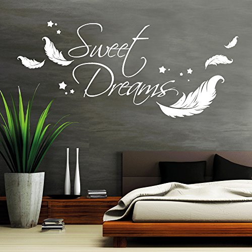 Wandtattoo Loft Wandaufkleber Schriftzug „Sweet Dreams“ Zitat mit Federn und Sternen / 54 Farben / 3 Größen / weiß / 55 cm hoch x 125 cm breit - 4