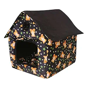 Mellifluous Foldable Velvet Fabric Dual Color House/Hut for Dogs & Cats Length 45 cm Width 48 cm Height 60 cm (S, Cartoon-Printed-Black)