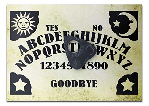 Tavola Ouija classica, in legno, formato A4, raffigurante sole, luna e stelle, set completo per comunicazione medianica con indicatore a forma di occhio che vede tutto