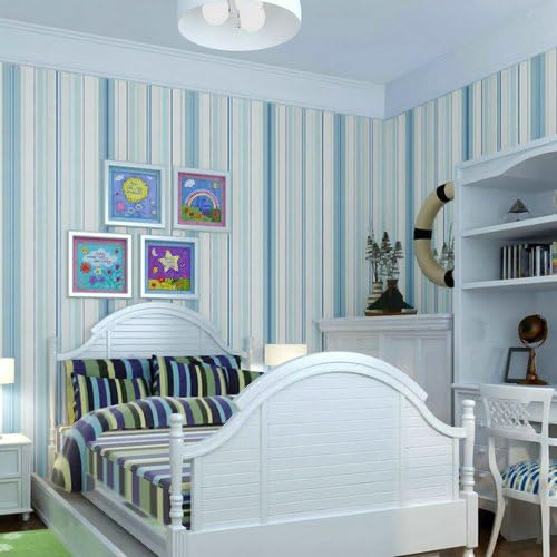Non-woven blue and white vertical stripes wallpaper Eastern Mediterranean bedroom corridor living room TV background wall paper wallpaper,Blue-and-white "non-woven",Only the wallpaper