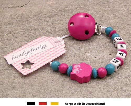 Personalised Baby Dummy Clip | Pacifier Holder with preffered Name – Girls Motif Turquoise & Pink owl | Beststeller from Germany