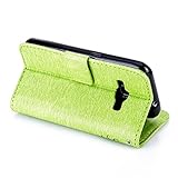 FESELE Glitzer Blume Schutzhülle für [Samsung Galaxy J1 2016] Schmetterling Katze Prägung Kristall Glitzer Diamant Strass Brieftasche Hülle Leder Tasche Flip Handyhülle mit Magnetverschluss, Samsung Galaxy J1 2016 Luxus Bling Wallet Case Kartenfach Ledertasche Leder-Mappen-Karten-Slot-Abdeckung mit Standfunktion für Samsung Galaxy J1 2016 + Blau Eingabestift Stylus Touch Pen-Mädchen Katze,Grün - 6